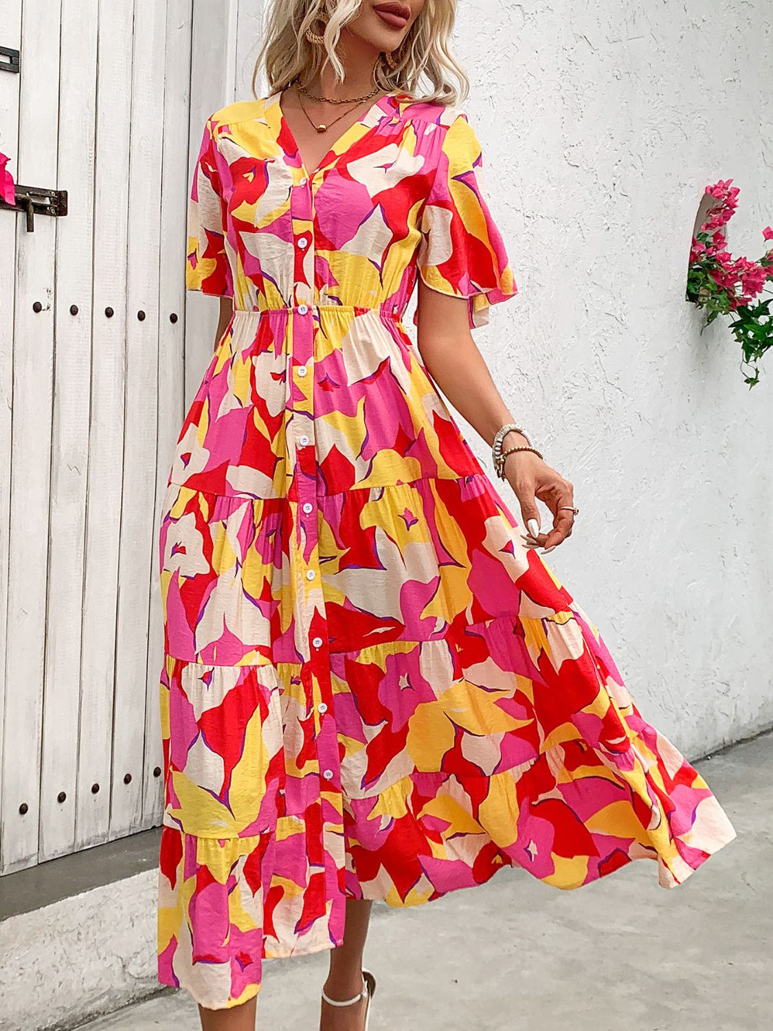 Perfee Printed V-Neck Flutter Sleeve Midi Dress